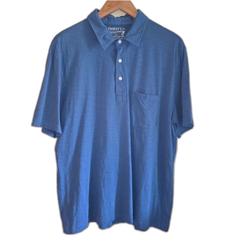 Faherty Sunwashed Blue Polo Shirt Pocket Organic Cotton Garment-washed Size XL